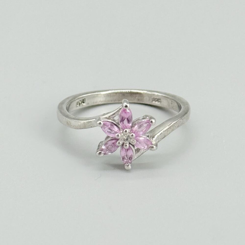 Vintage STS 925 Sterling Silver Pink Marquise Stone Flower Ring Size 8
